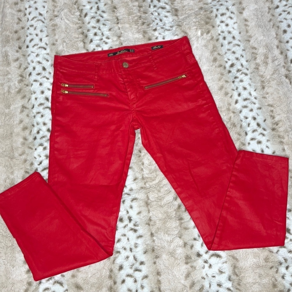 Leara Red Coated Skinny Pants with Gold Zipper Accents Size 8